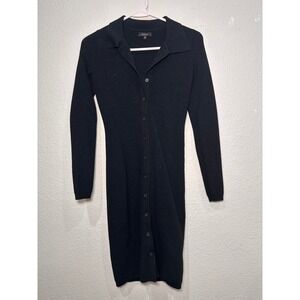 Quince Black Ribbed Knit Button Down Polo Midi Dress XS Long Sleeve Ecovero